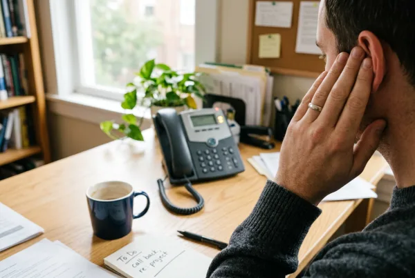 Eine Hand hält sich das Ohr, im Hintergrund klingelt unscharf ein Telefon