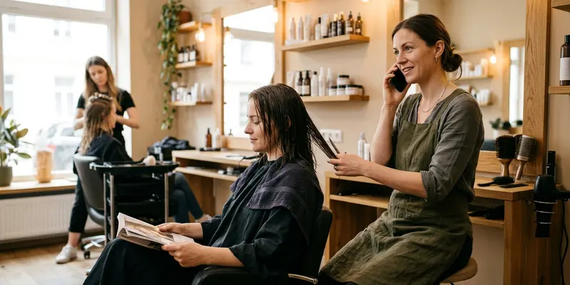 Friseurin unterbricht einen Haarschnitt, um ans Telefon zu gehen