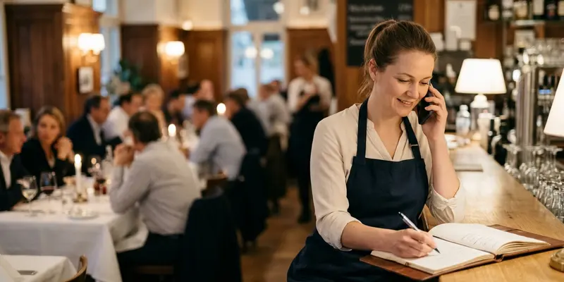 Bedienung nimmt am Tresen eines vollen Restaurants eine Reservierung am Telefon an