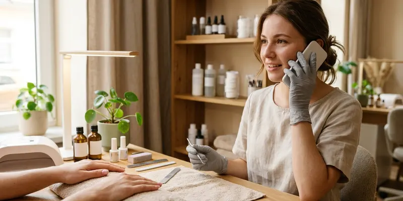 Nageldesignerin unterbricht eine Maniküre, um ans Telefon zu gehen