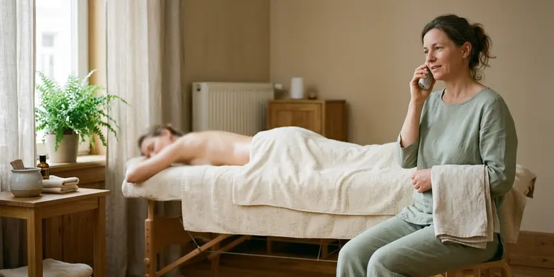 Masseurin nimmt einen Anruf an, im Hintergrund ruht eine Kundin auf der Massageliege